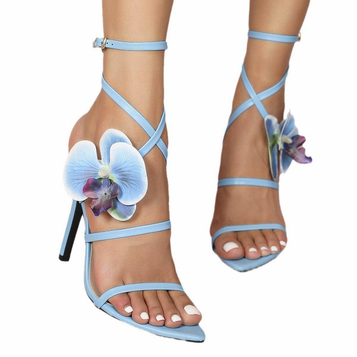 3D Flowers Cross Pointy Stiletto heel Sandals 816637125592