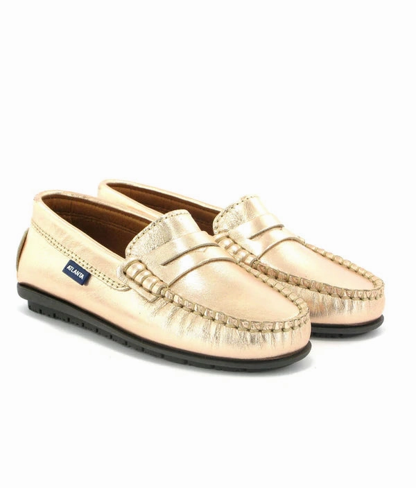 Atlanta Mocassin Metallic Rose Gold Leather Moccasin Penny Loafer