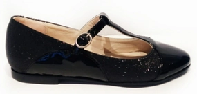 Beberlis Girls Black Patent Leather Glitter Design T-Strap