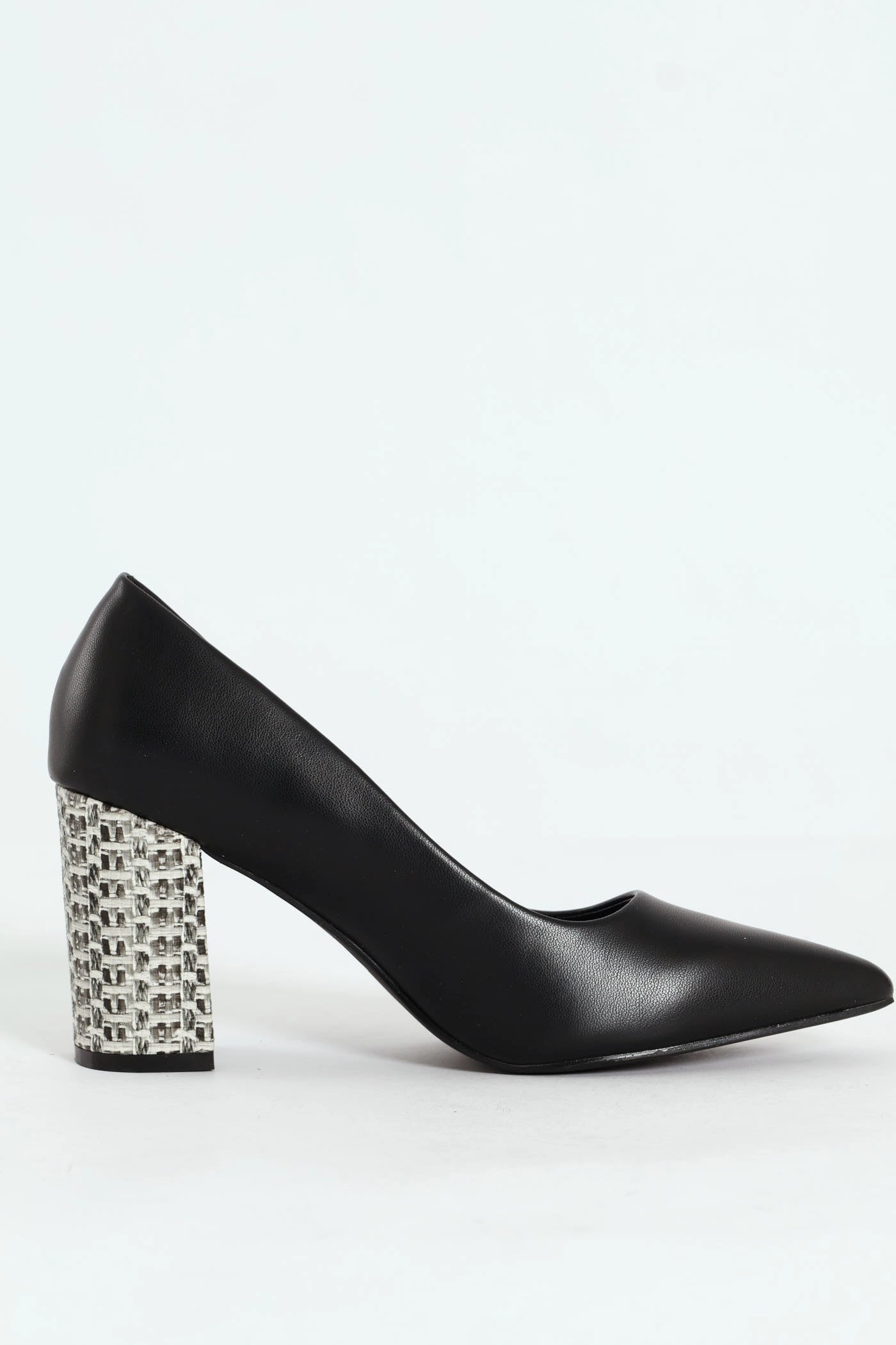 Bella Pointed Toe Court Raffia Block Heel- Black