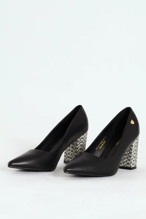 Bella Pointed Toe Court Raffia Block Heel- Black