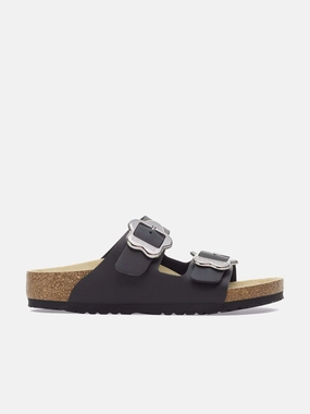 BIRKENSTOCK Girls Arizona Flower Buckle Sandals in Black