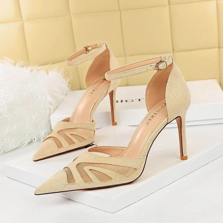 Black  Pointy Ankle Strap Stiletto Heels 673900597001