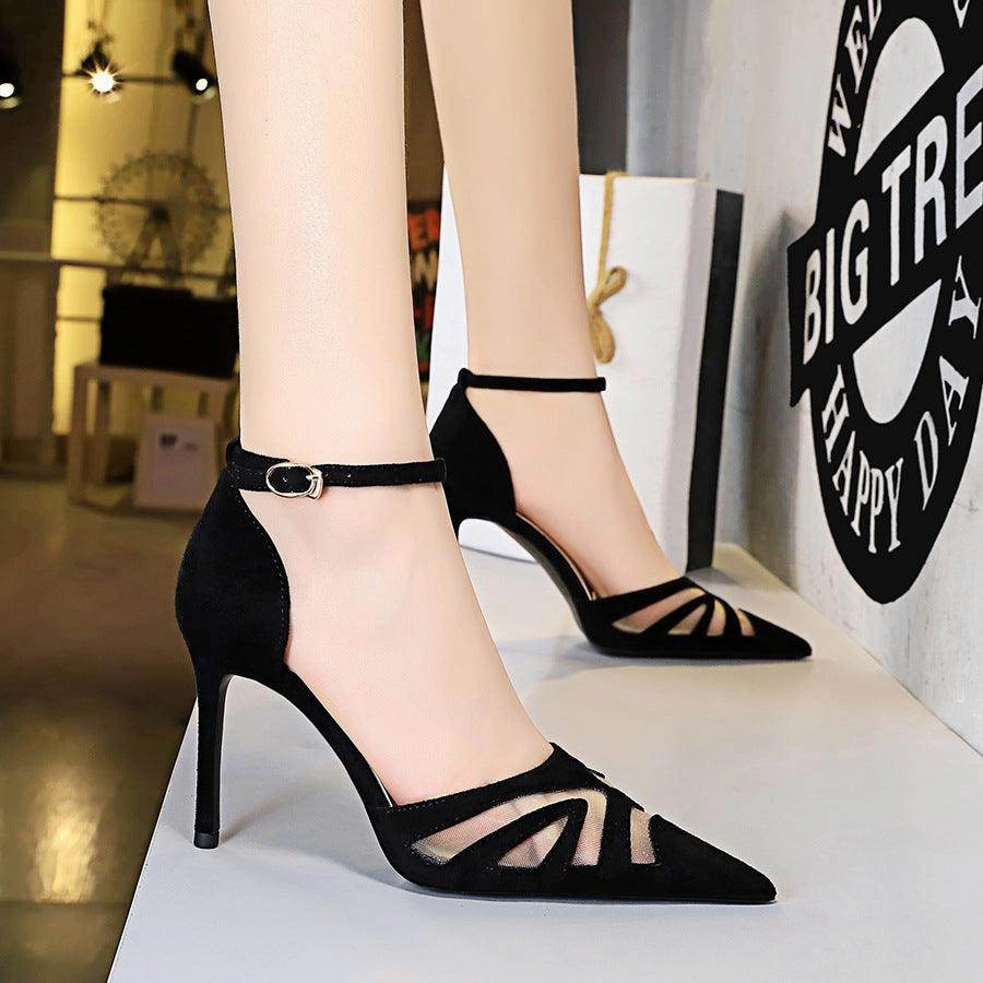 Black  Pointy Ankle Strap Stiletto Heels 673900597001