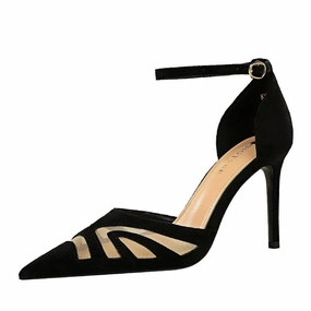 Black  Pointy Ankle Strap Stiletto Heels 673900597001