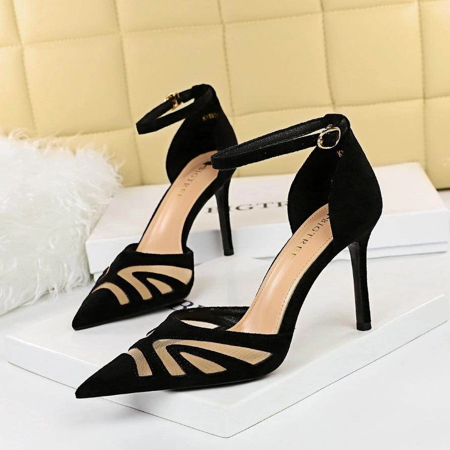 Black  Pointy Ankle Strap Stiletto Heels 673900597001