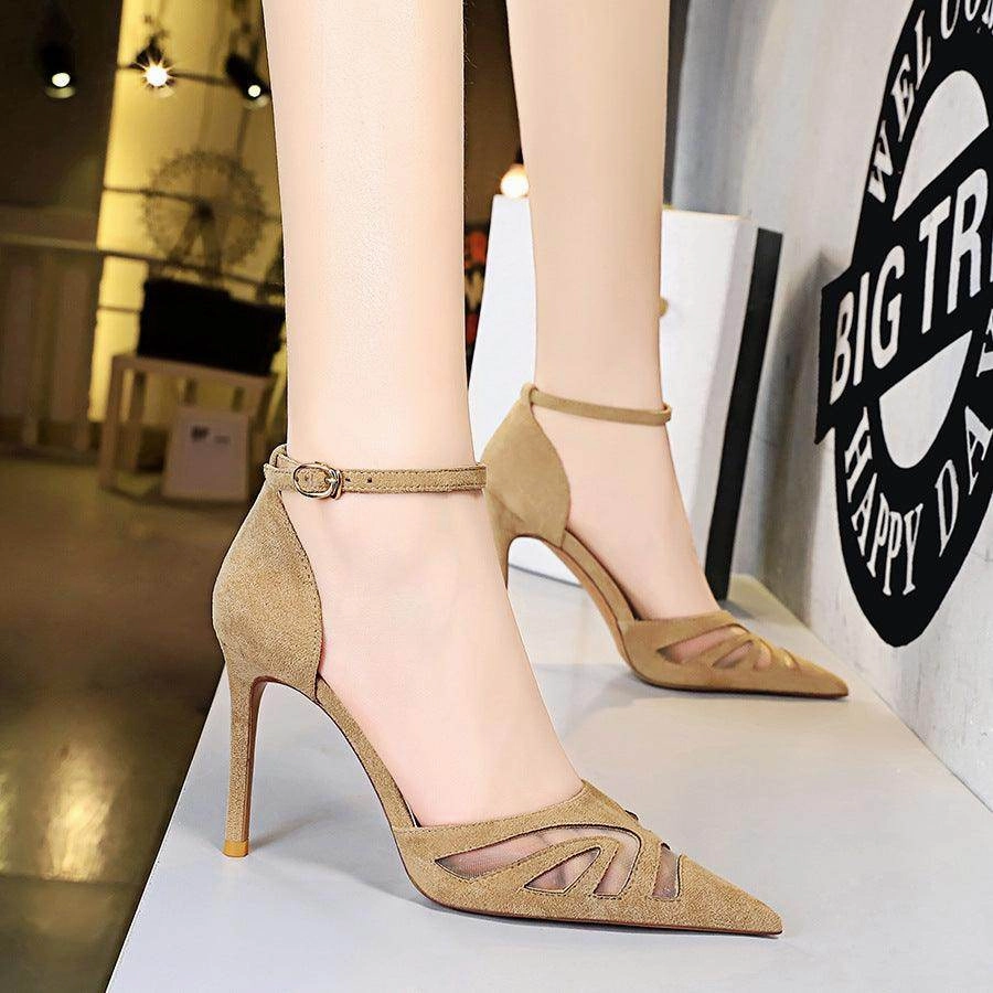Black  Pointy Ankle Strap Stiletto Heels 673900597001