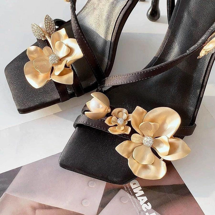 Black Satin 3D Flowers Ankle Strap Square Stiletto heel Sandals 775344564716