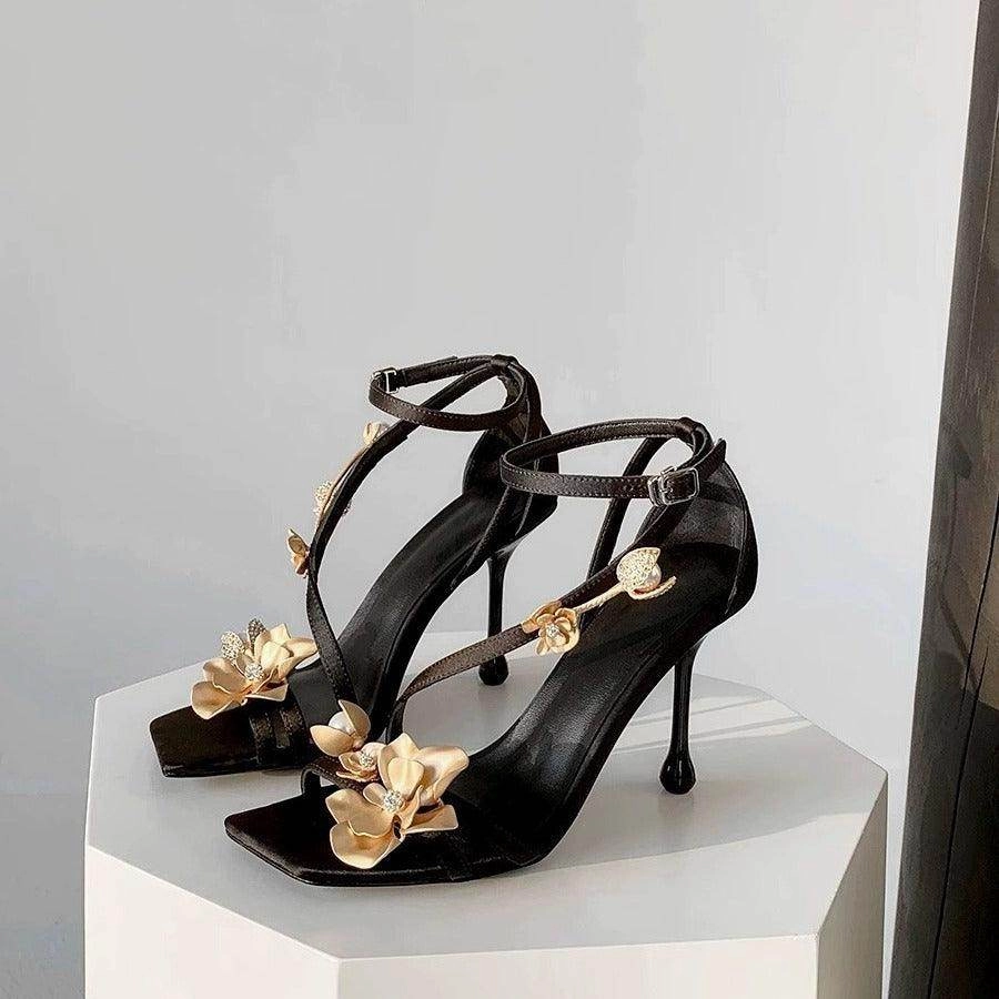 Black Satin 3D Flowers Ankle Strap Square Stiletto heel Sandals 775344564716