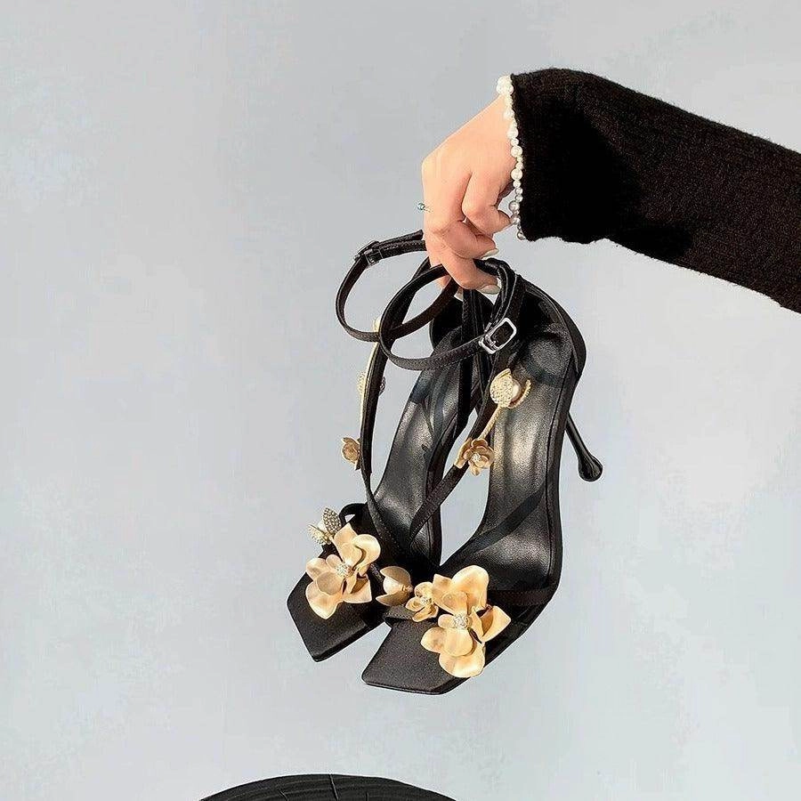 Black Satin 3D Flowers Ankle Strap Square Stiletto heel Sandals 775344564716