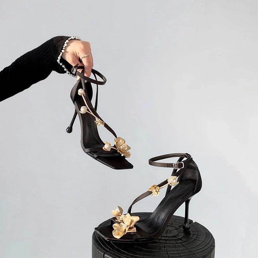 Black Satin 3D Flowers Ankle Strap Square Stiletto heel Sandals 775344564716