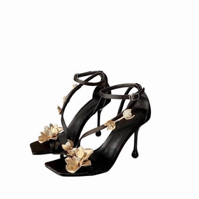 Black Satin 3D Flowers Ankle Strap Square Stiletto heel Sandals 775344564716