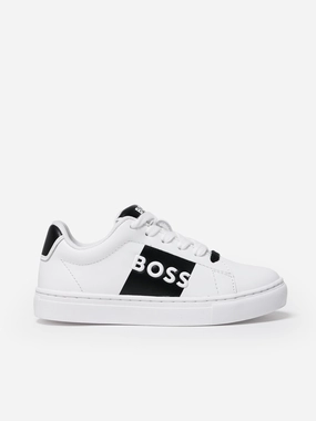 BOSS Boys Leather Logo Trainers in White