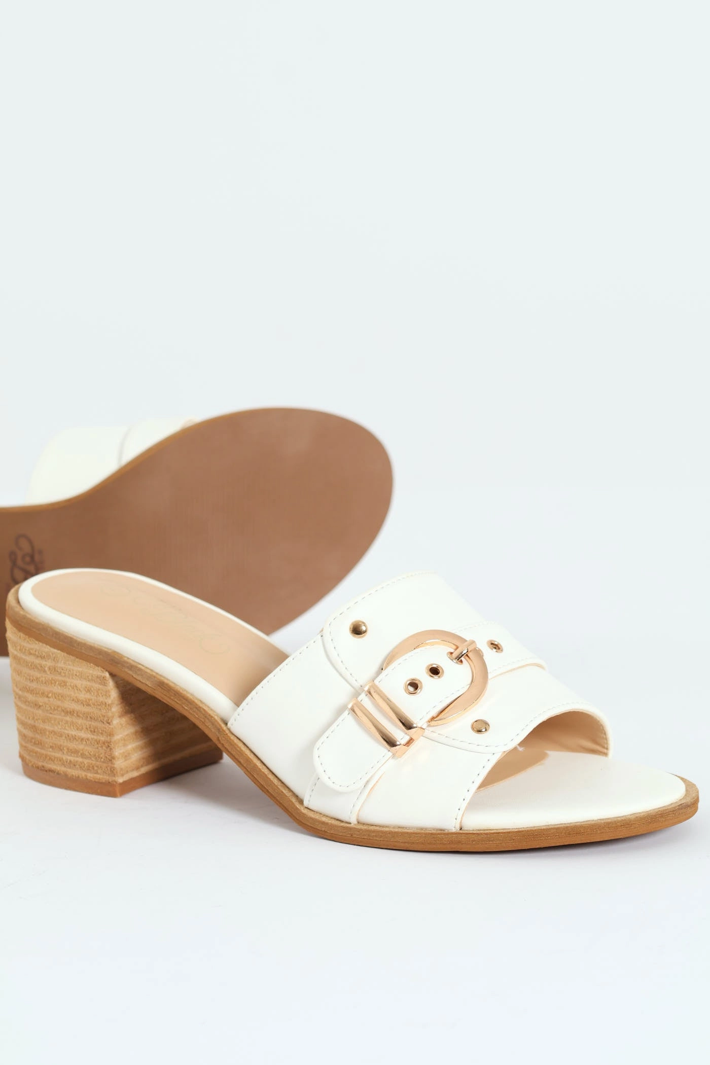 Buckle Push In Mule Block Heel - White
