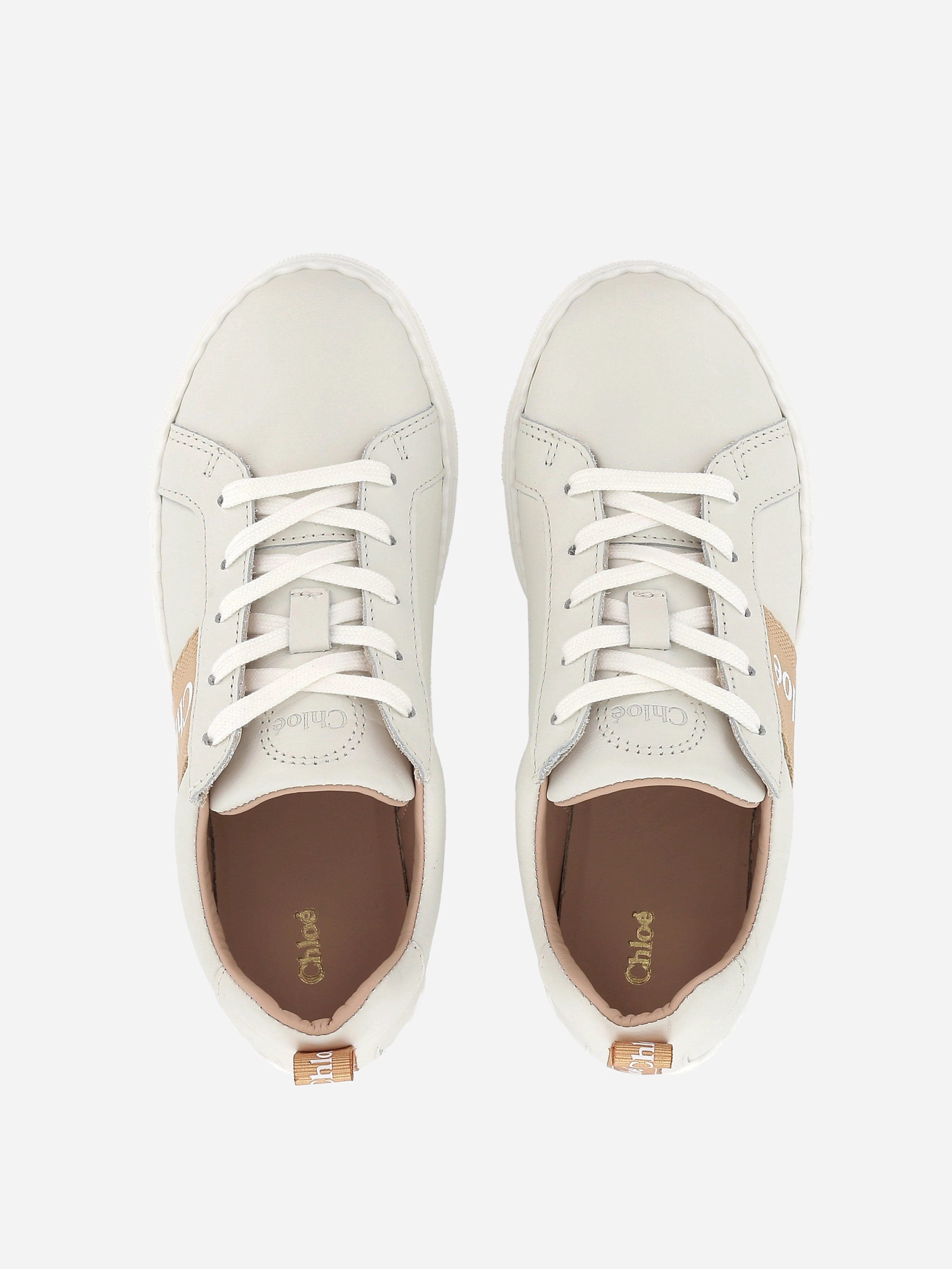Chlo Girls Leather Logo Trainers in Beige