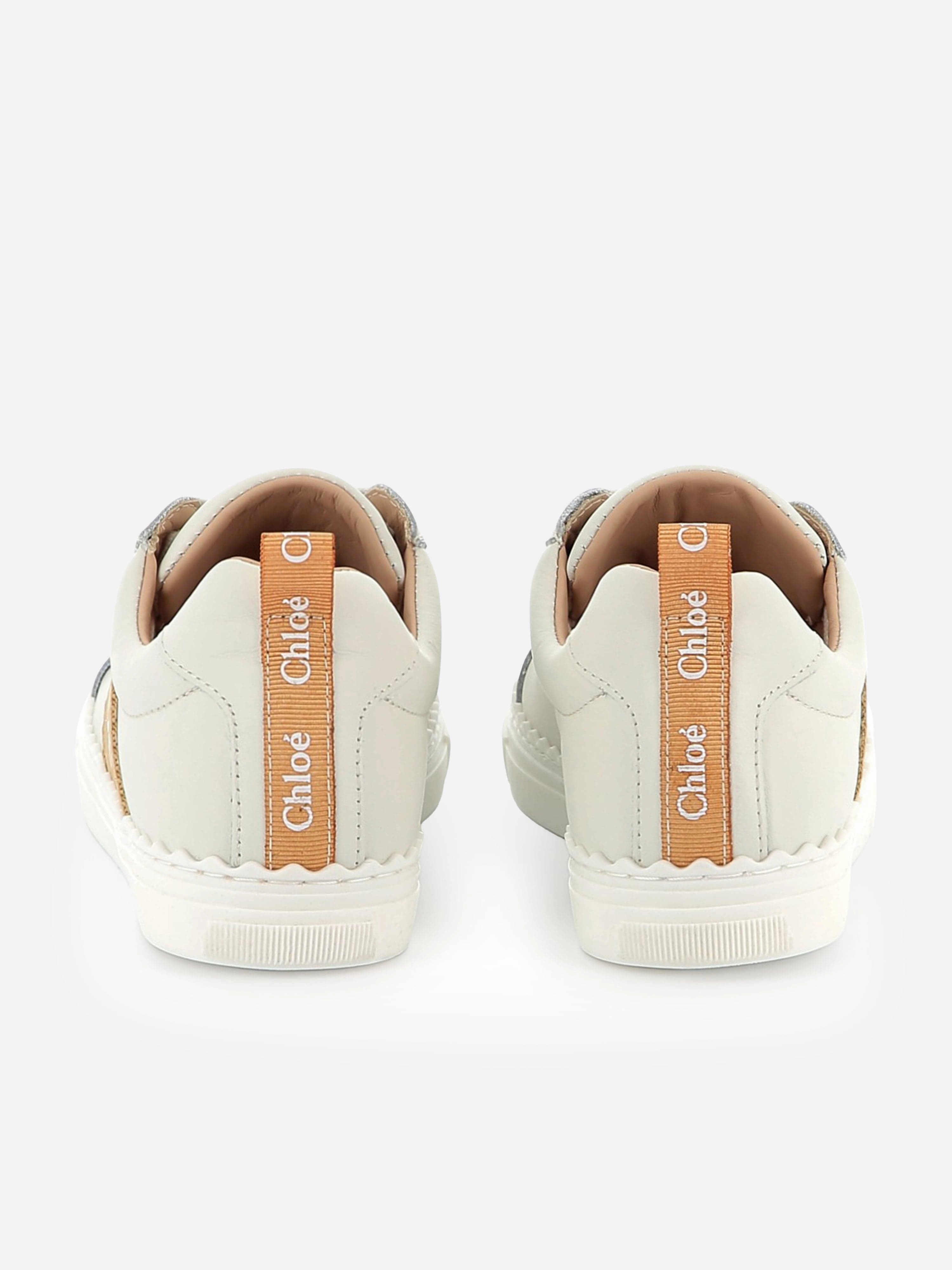 Chlo Girls Leather Logo Trainers in Beige