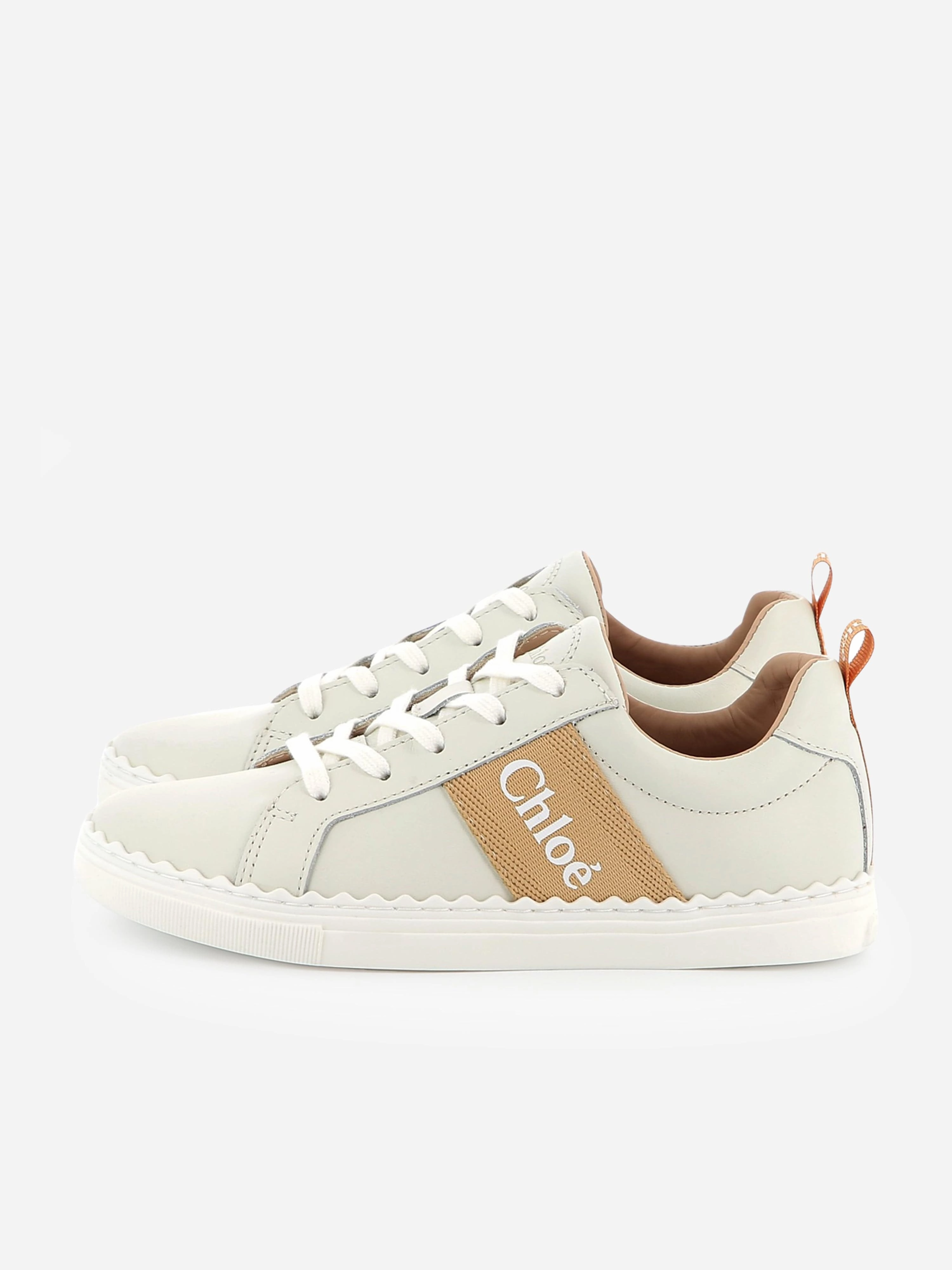 Chlo Girls Leather Logo Trainers in Beige