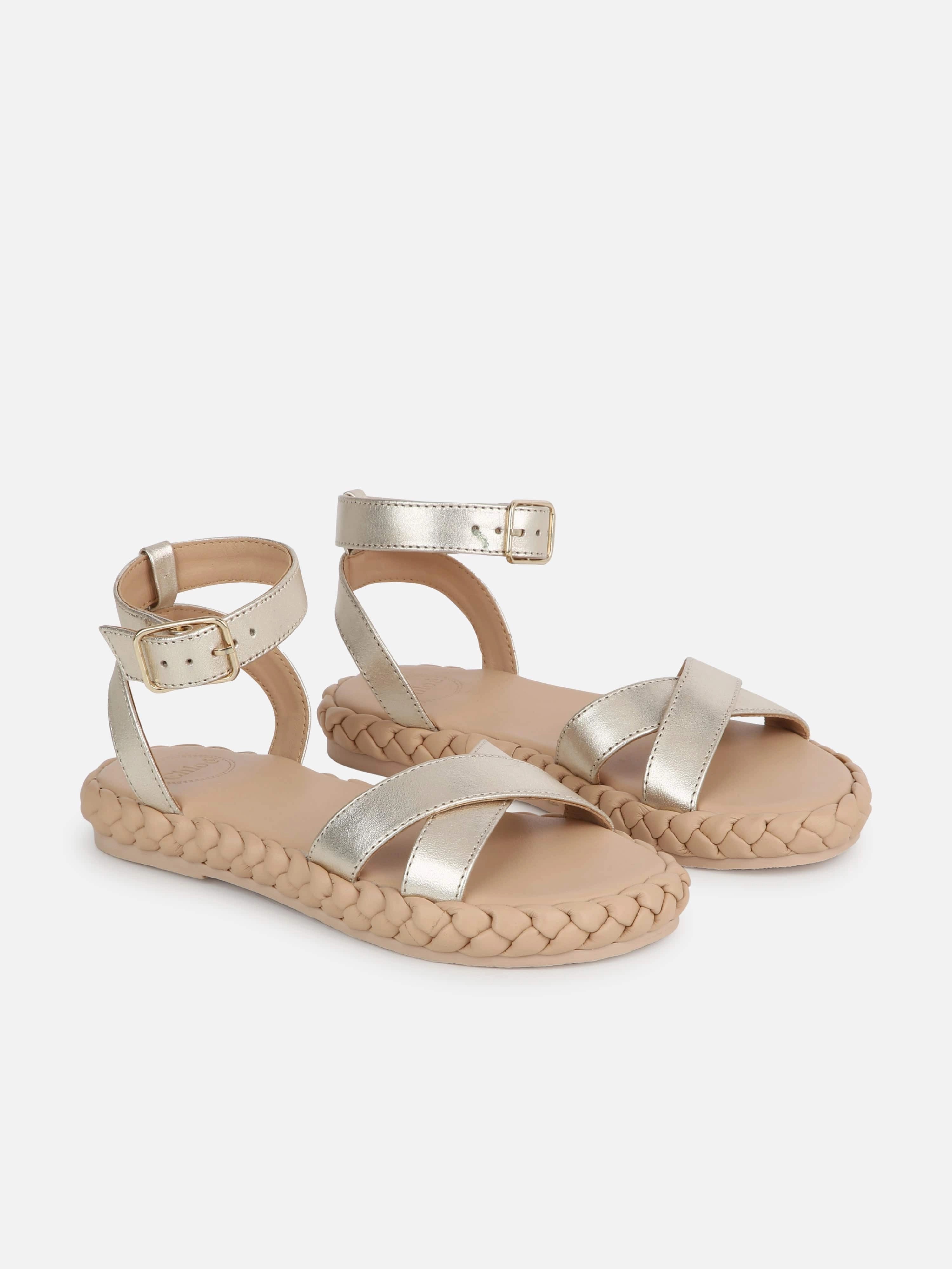 Chlo Girls Leather Strappy Sandals in Gold