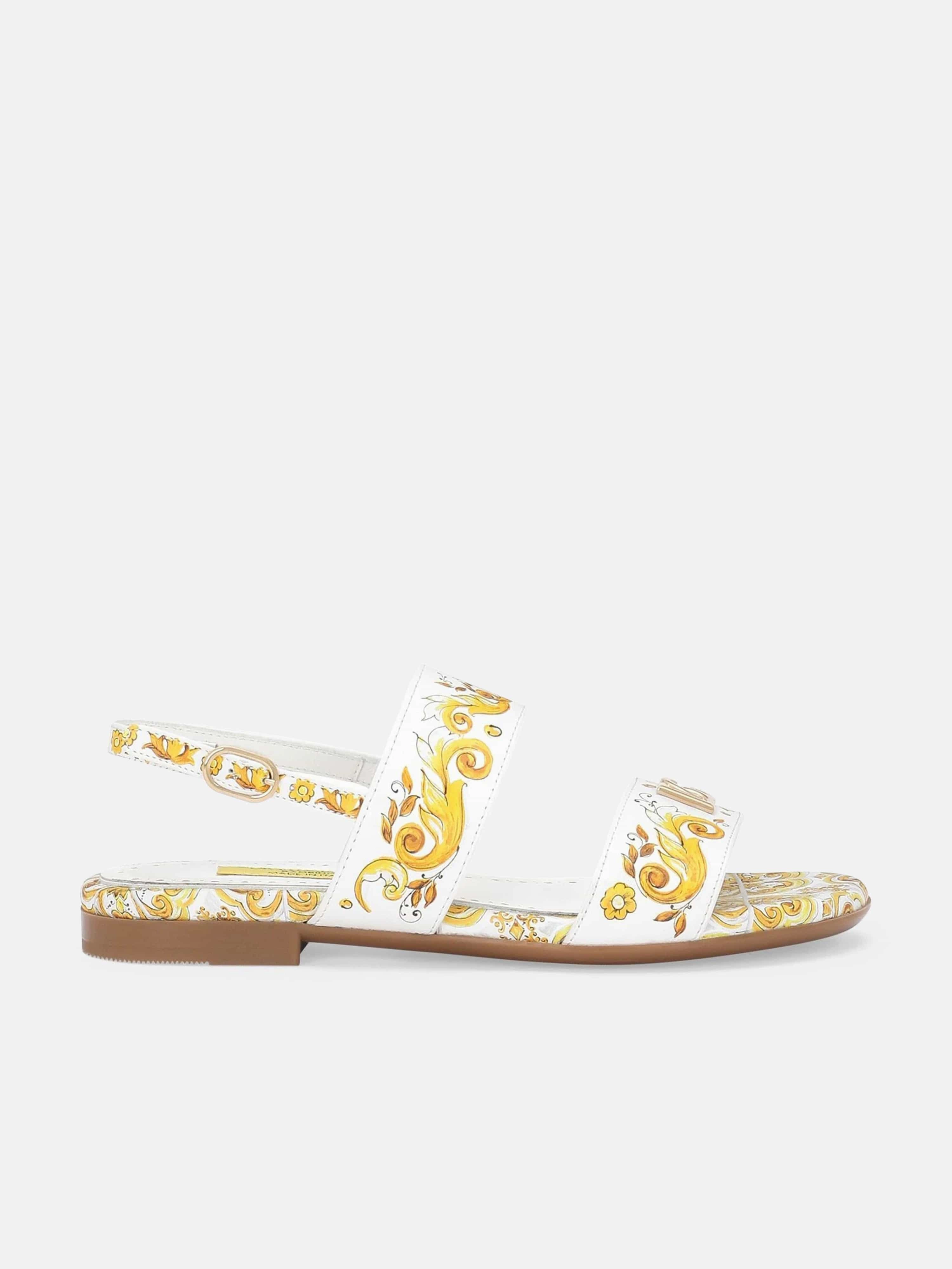 Dolce & Gabbana Girls Leather Maiolica Sandals in Yellow