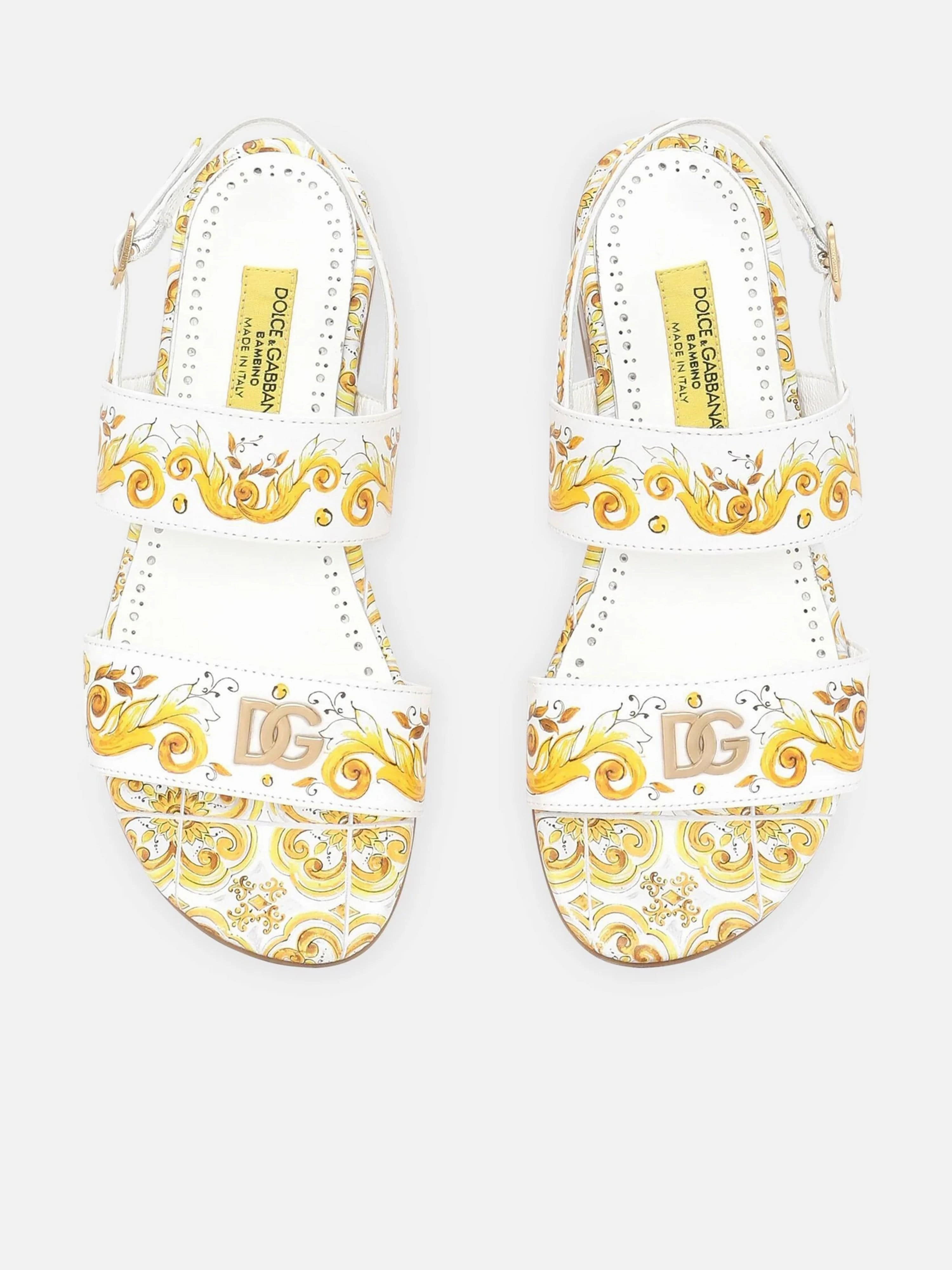 Dolce & Gabbana Girls Leather Maiolica Sandals in Yellow