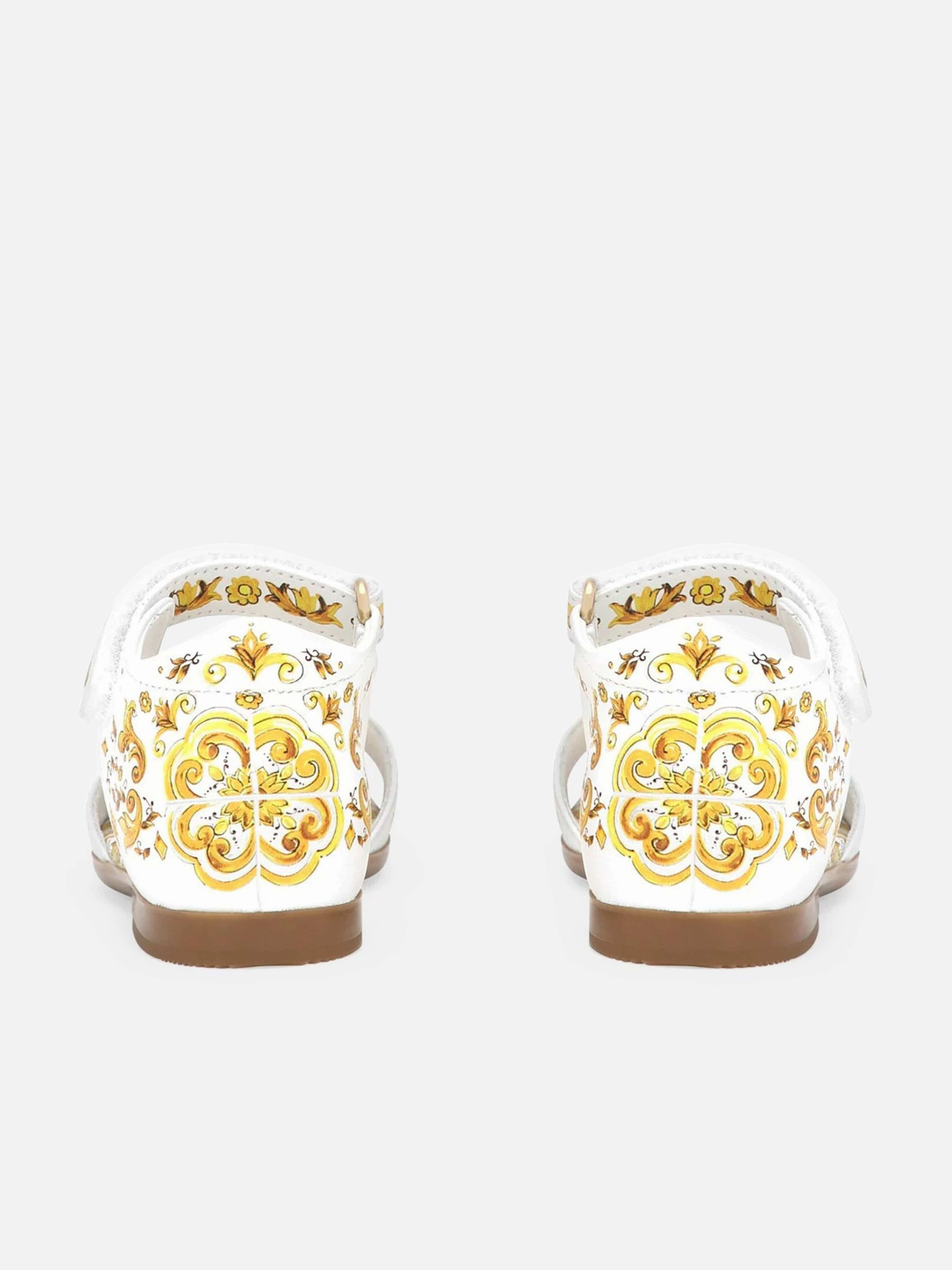 Dolce & Gabbana Girls Leather Maiolica Sandals in Yellow