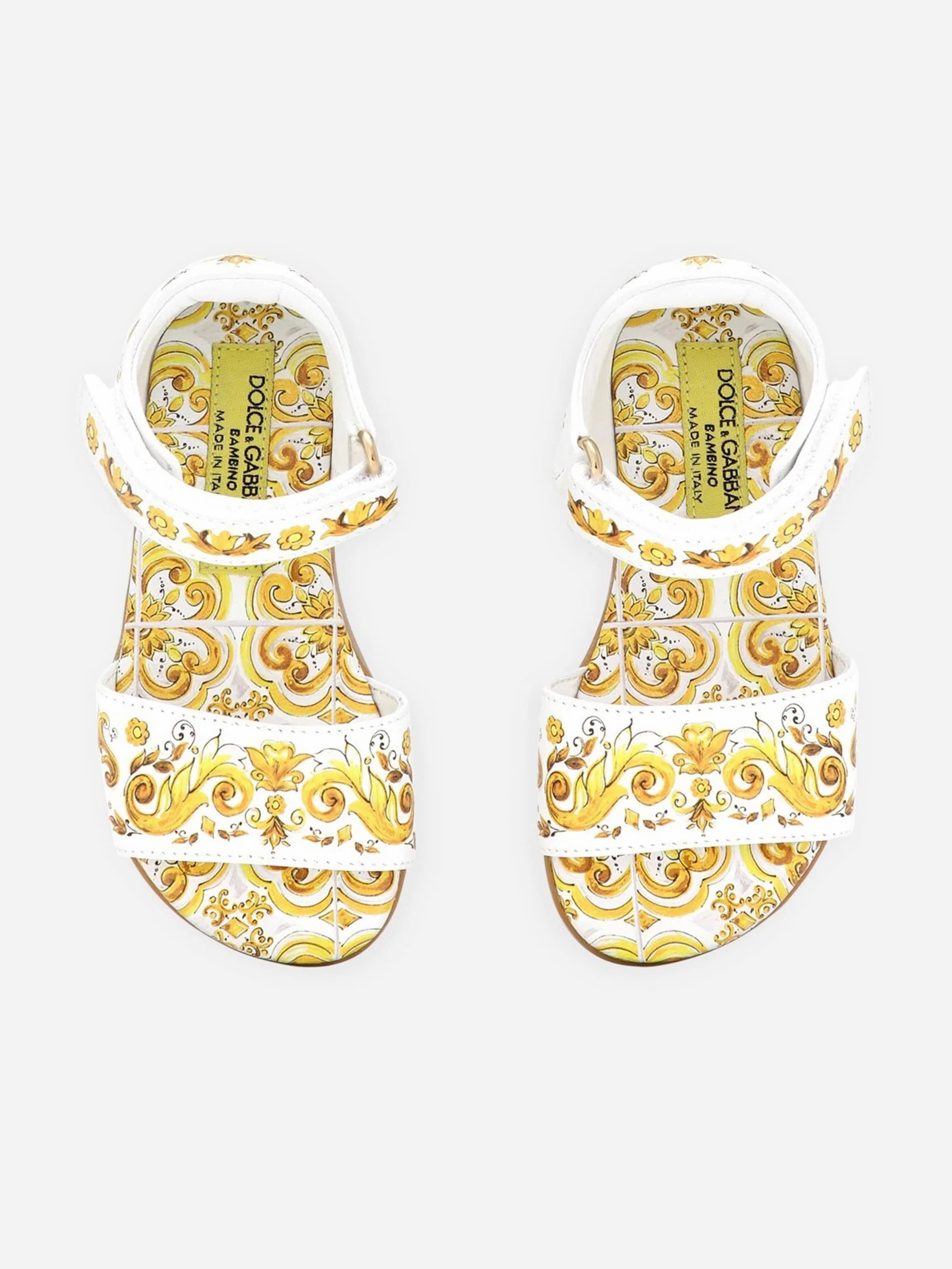 Dolce & Gabbana Girls Leather Maiolica Sandals in Yellow