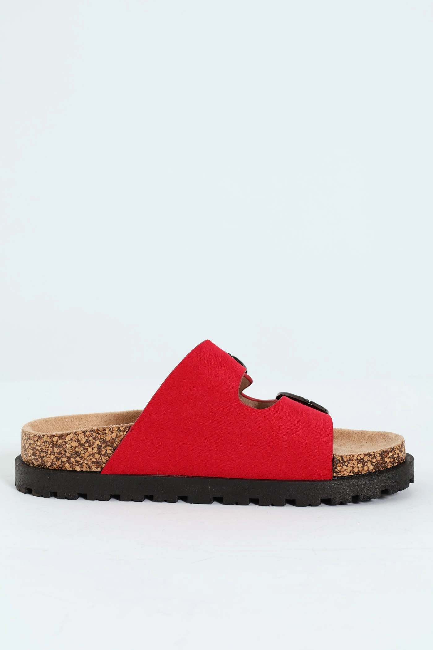 Double Buckle Slide Sandal On Flatform Rubber Sole - Red