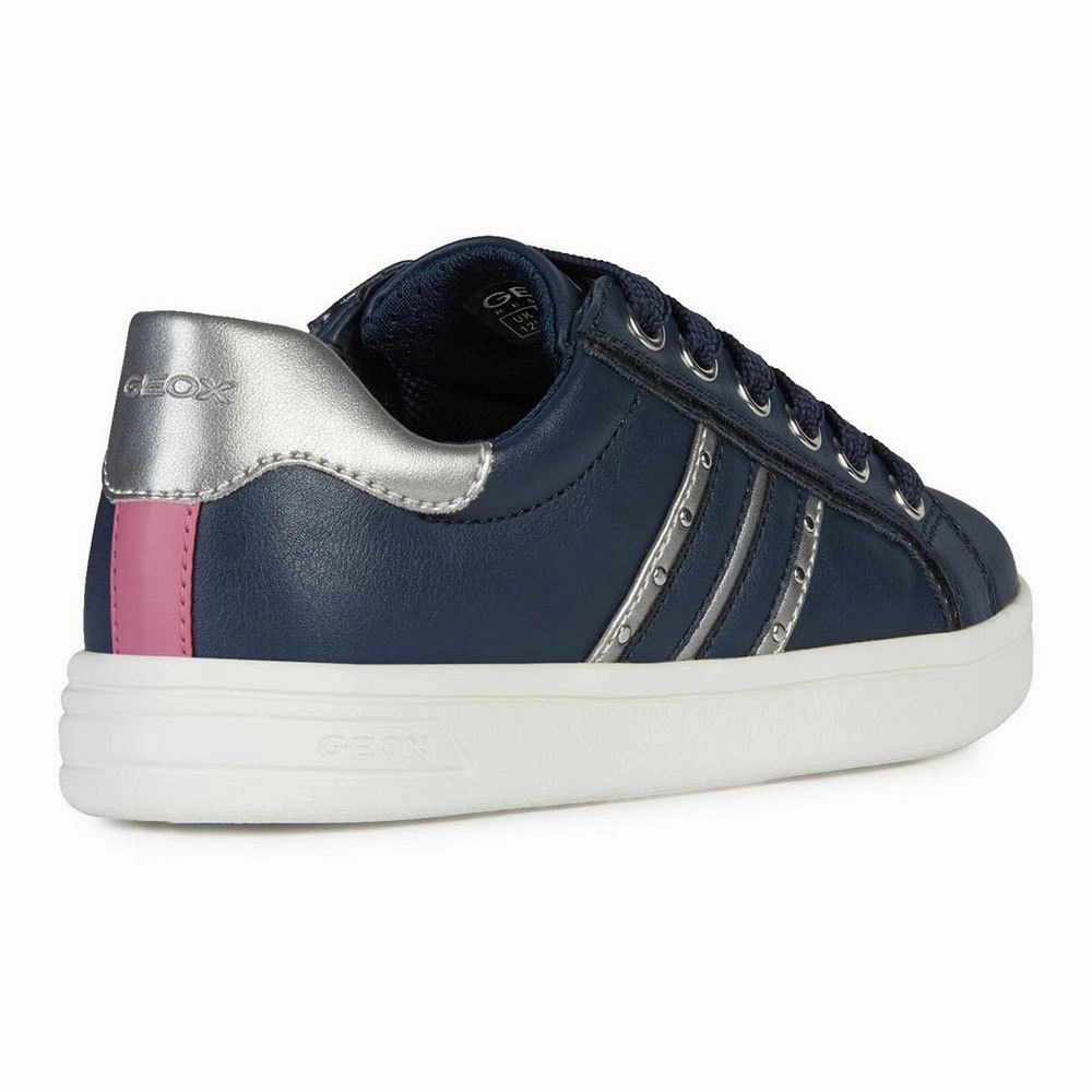 Geox DJrock Girls Navy Silver Leather Sneakers