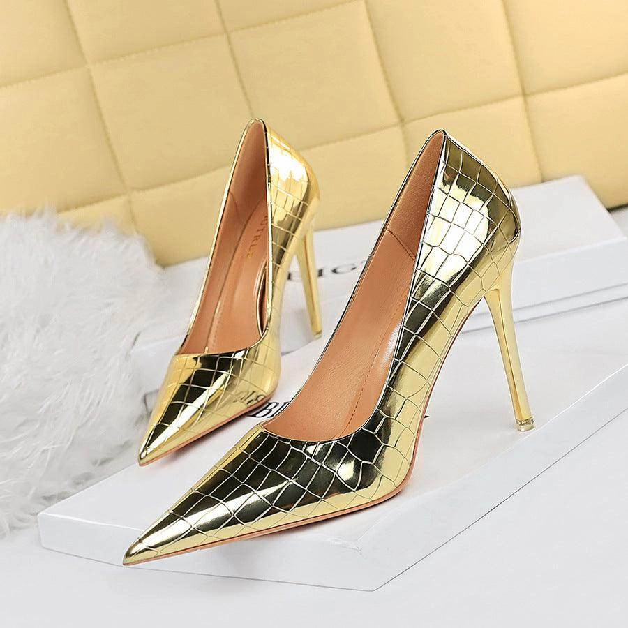 Gold  Faux Leather Pointy Stiletto Heels  666858462308