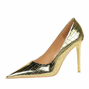 Gold  Faux Leather Pointy Stiletto Heels  666858462308