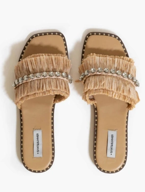 Isabetta Raffia Fringe Embellished Sandal - Oatmeal