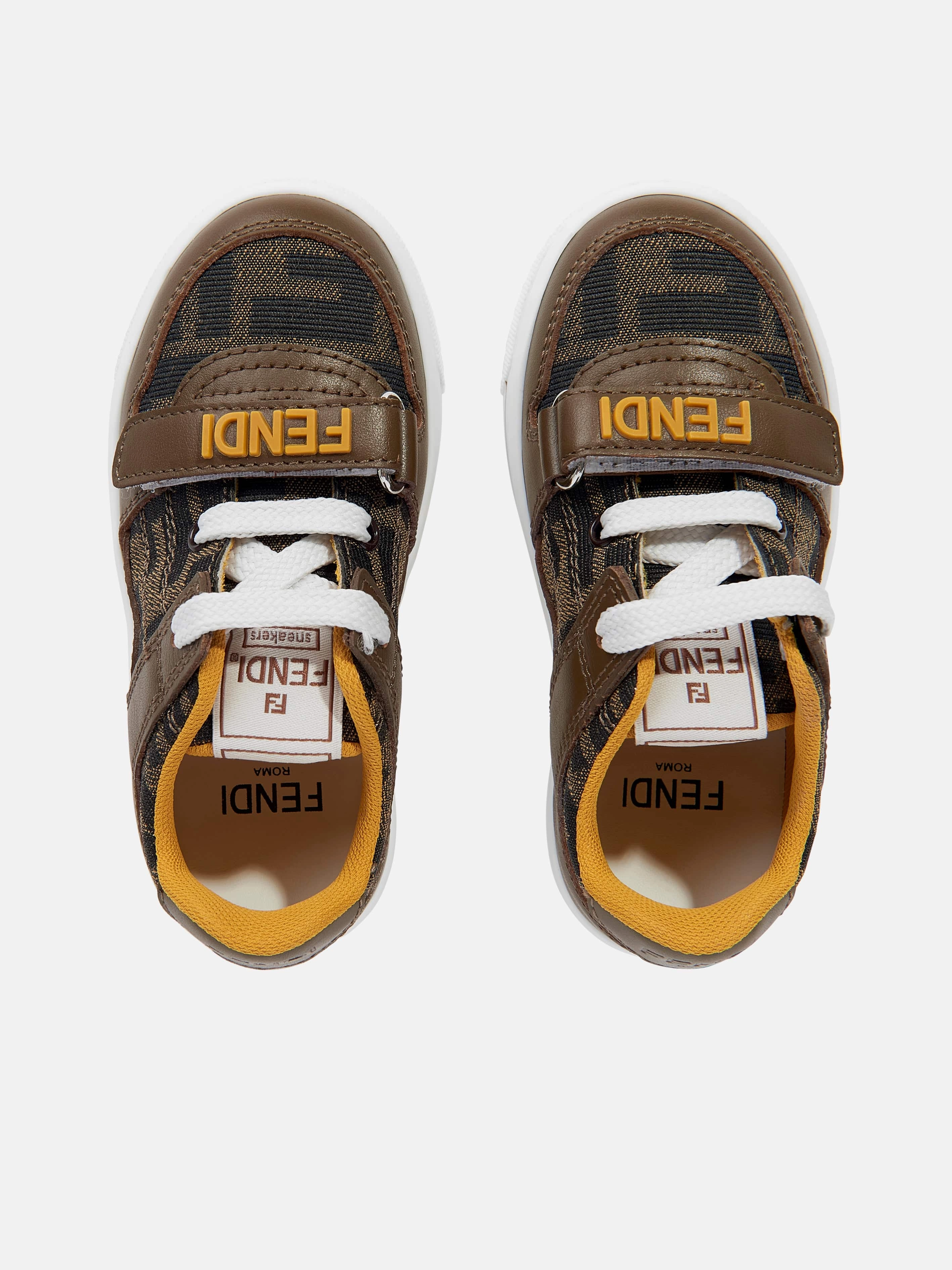 Kids Leather Jacquard Logo Trainers in Brown