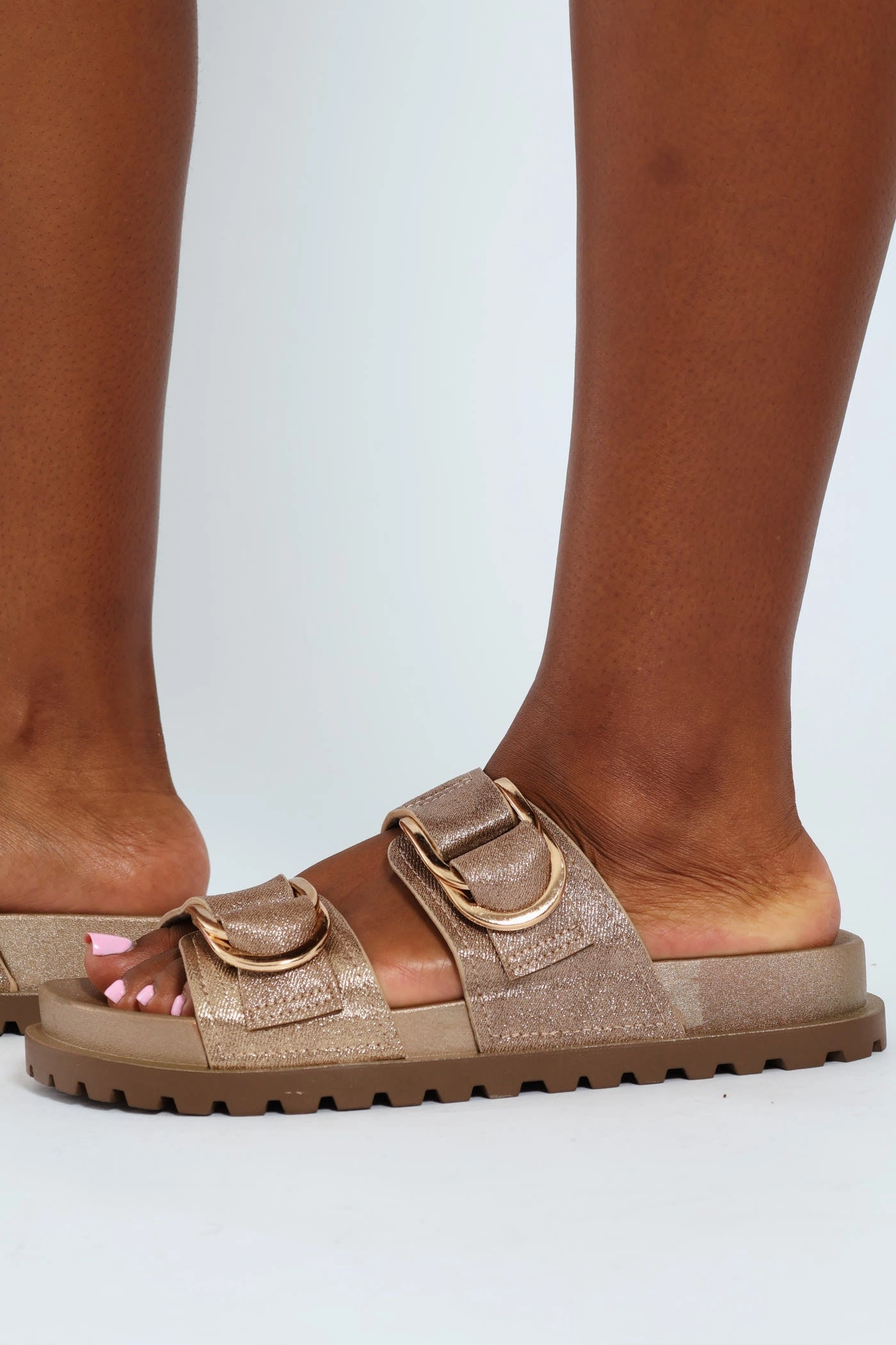 Metallic Double Strap Mule Sandal - Rose Gold