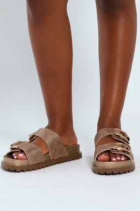 Metallic Double Strap Mule Sandal - Rose Gold