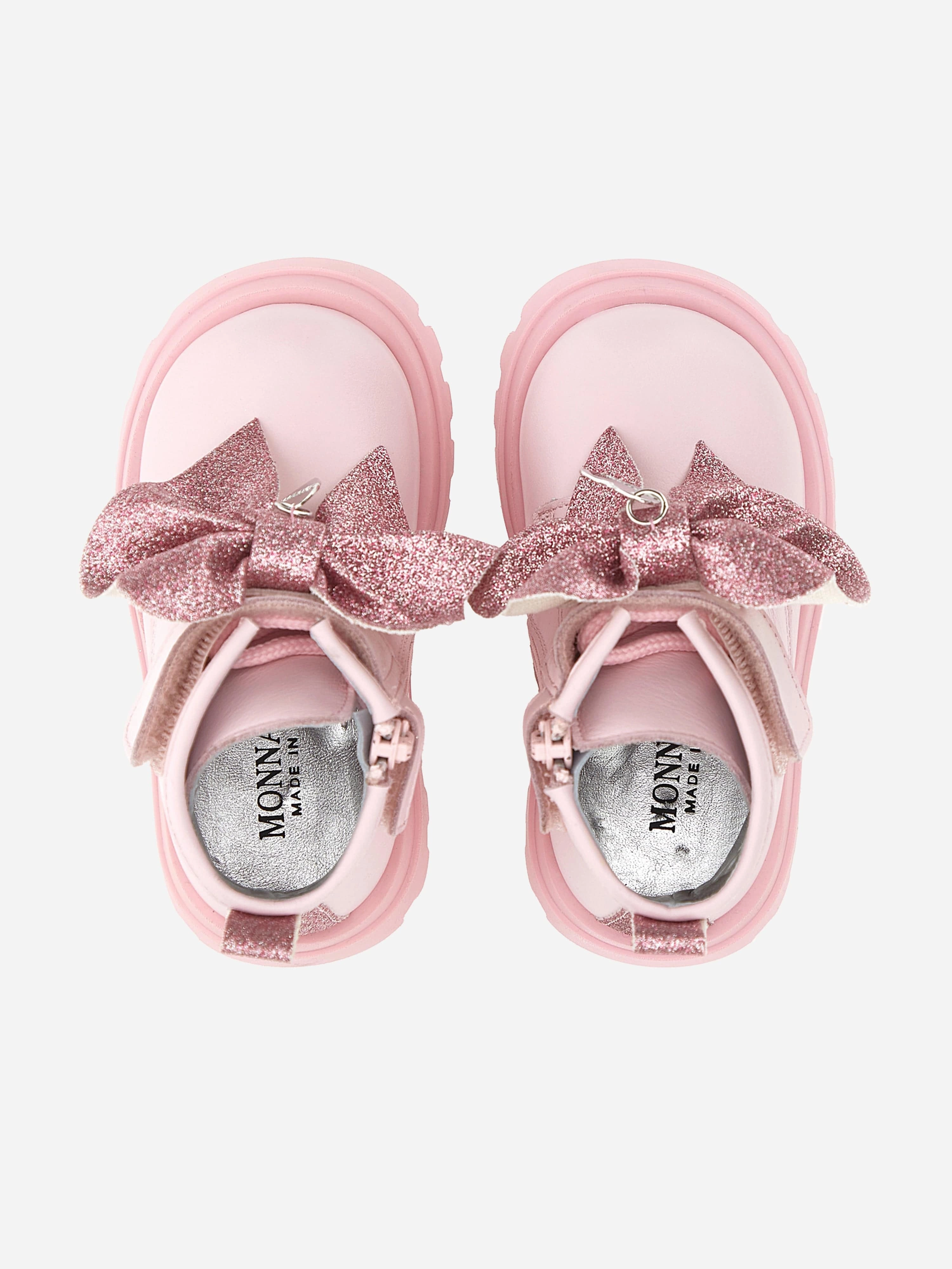 Monnalisa Girls Leather Glitter Bow Boots in Pink