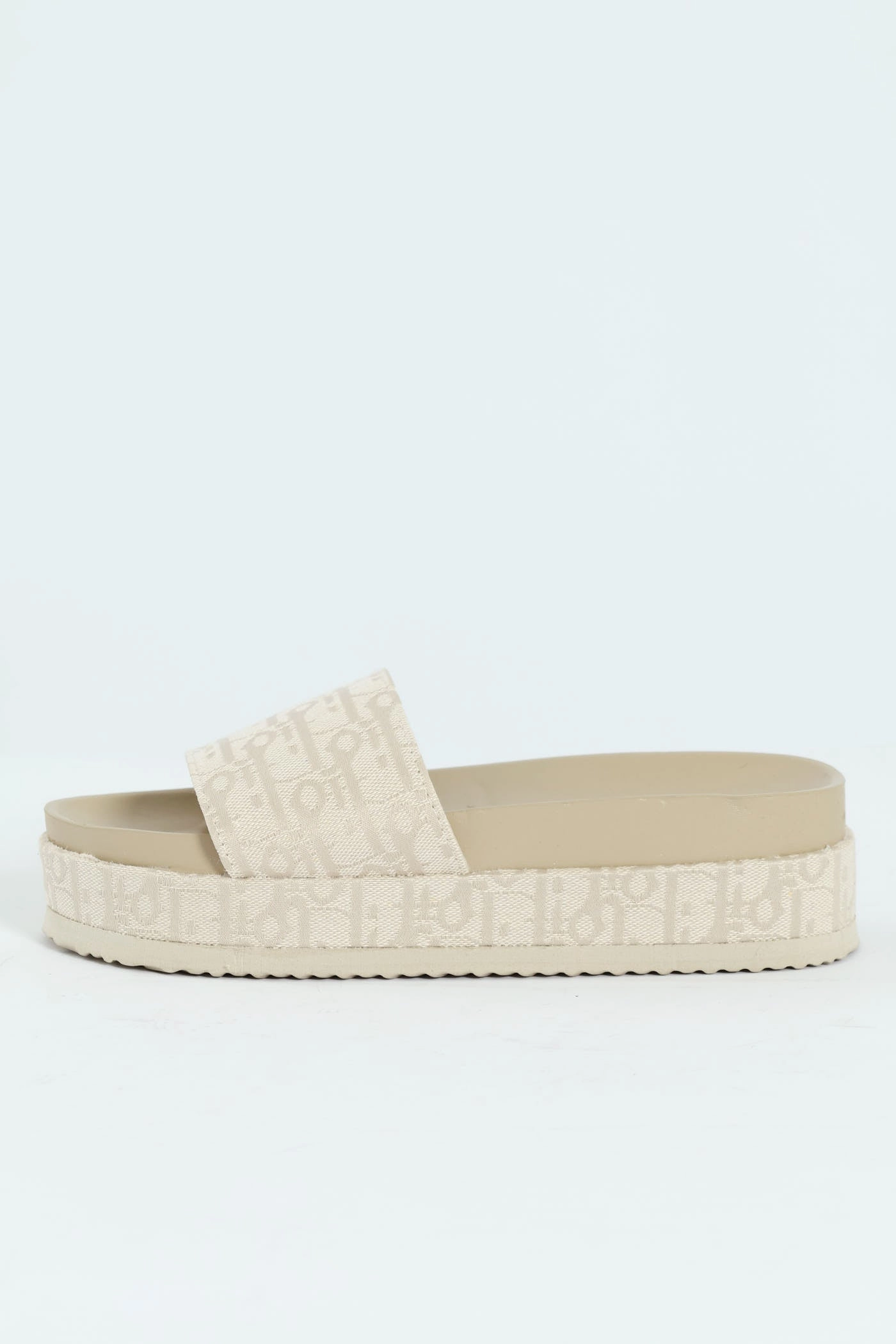 Monogram Printed Canvas Flatform Slide - Champagne