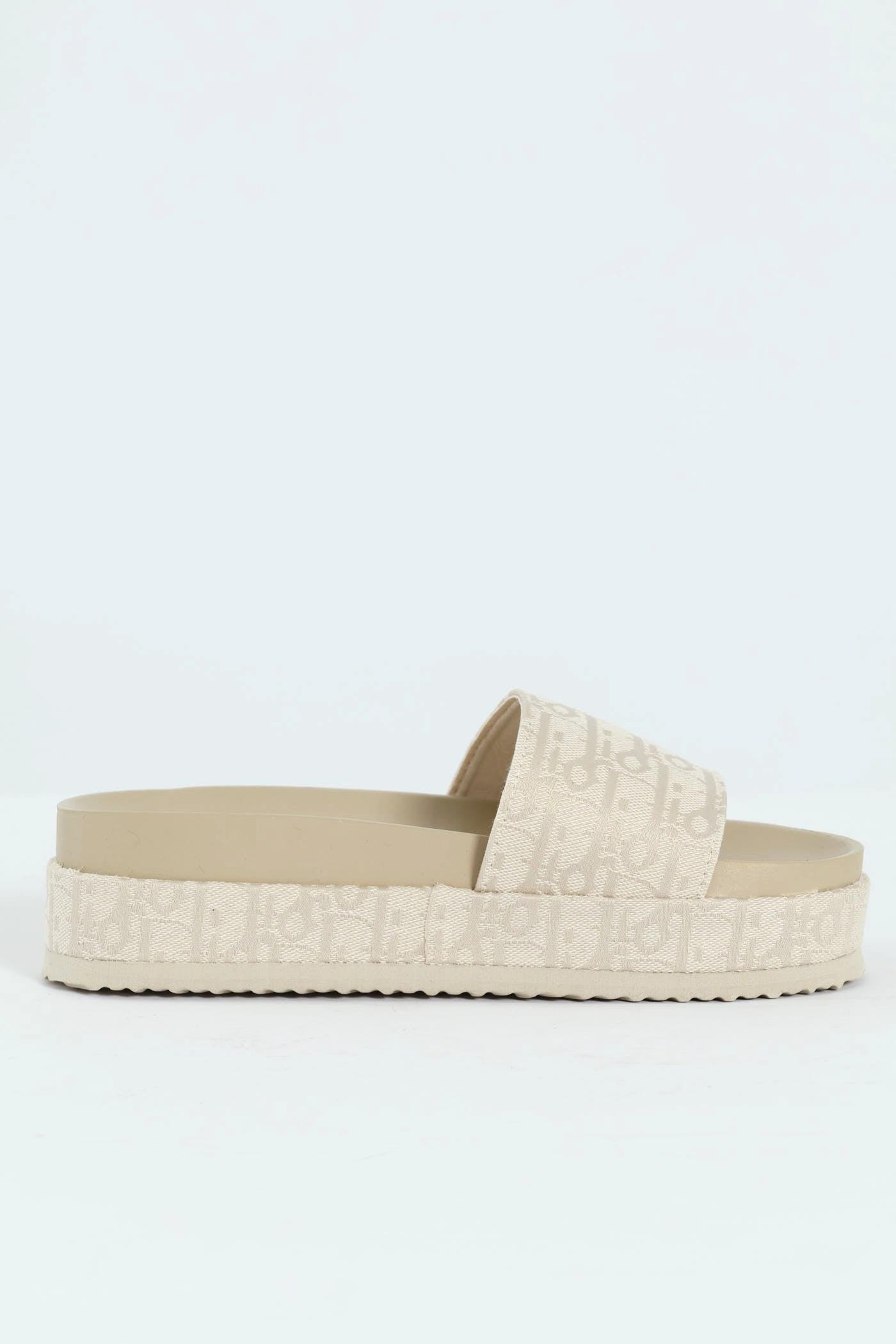 Monogram Printed Canvas Flatform Slide - Champagne