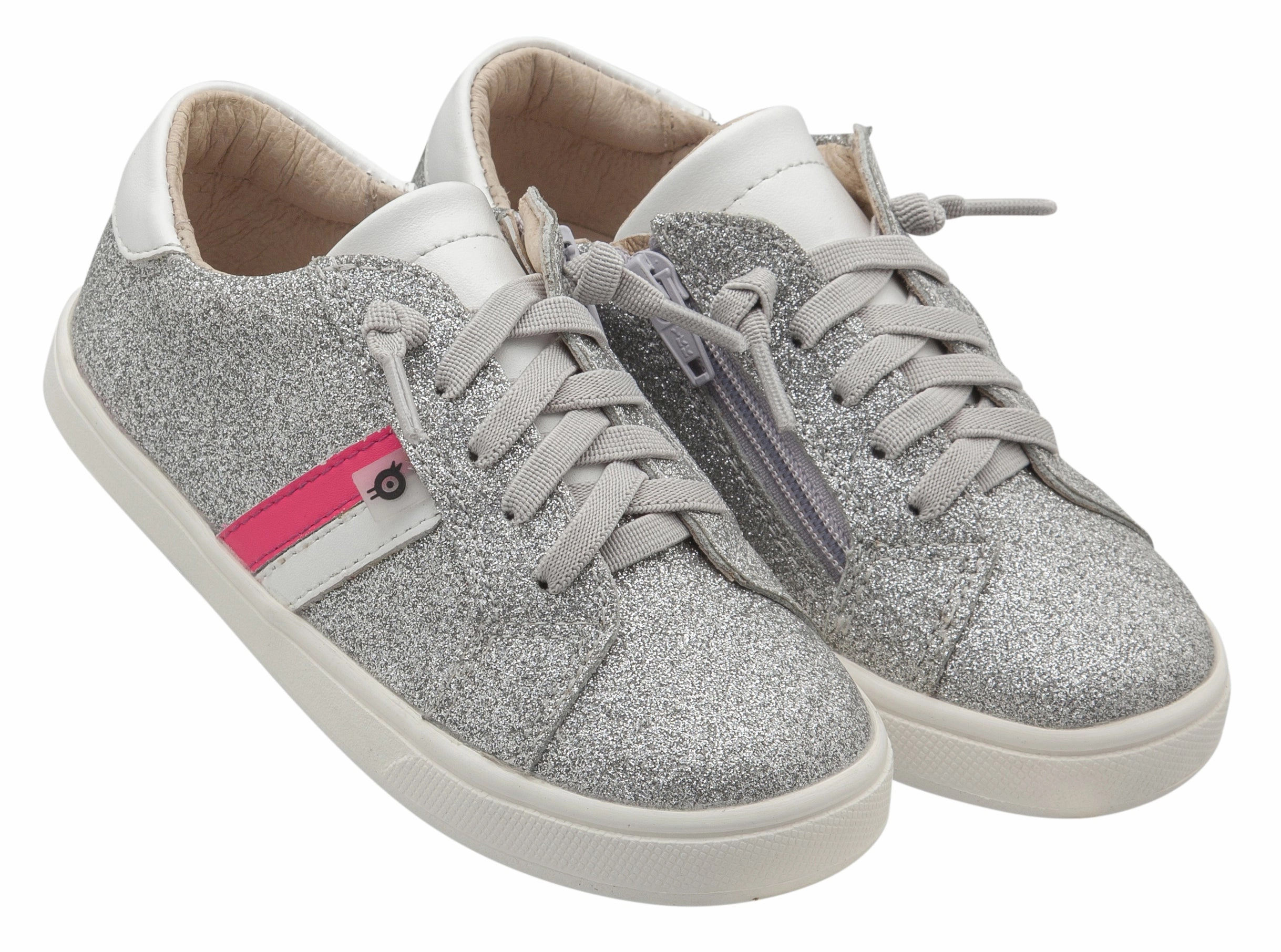 Old Soles Girl's Glambo Leather Sneakers, Glam Argent/Snow/Neon Pink/Silver