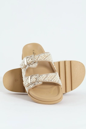 Pearl Encrusted Buckled Mule Sandal - Natural