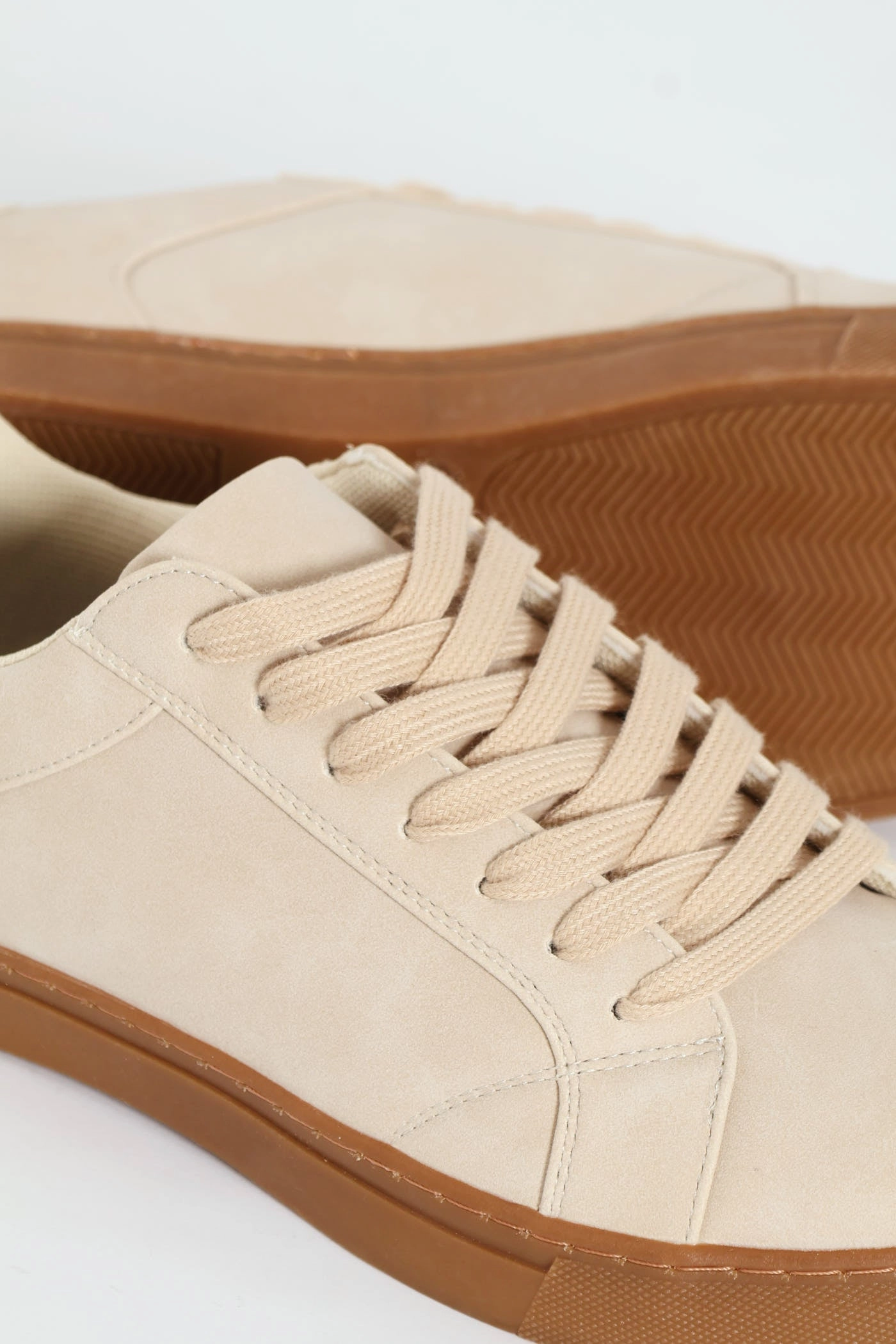 PU Lace Up Sneaker With Gum Sole - Stone