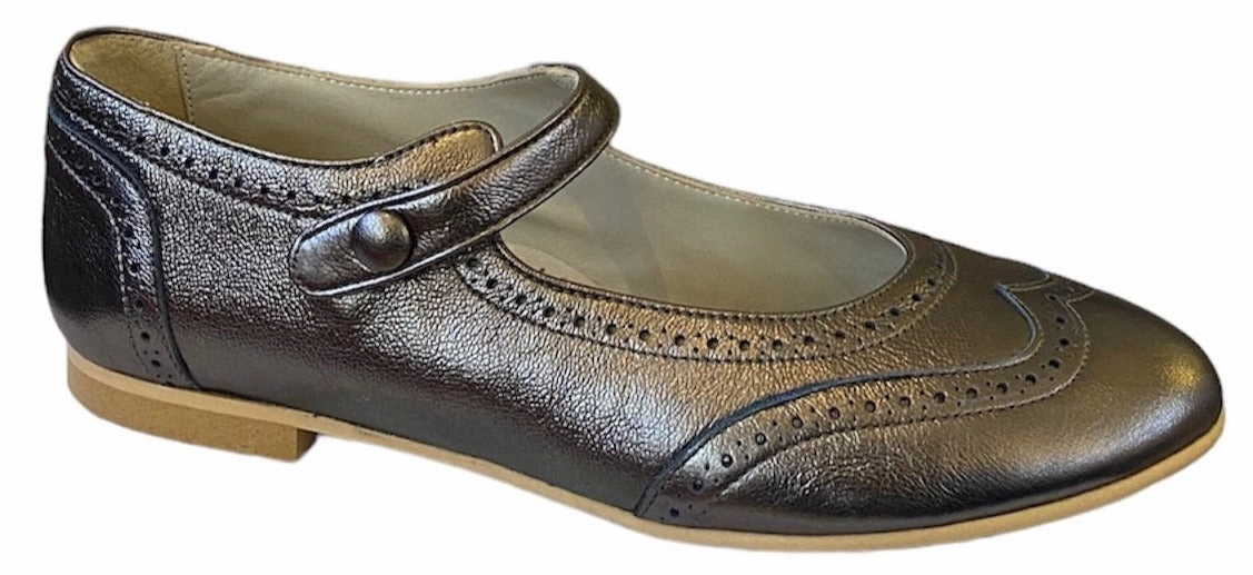 Shawn & Jeffery Metallic Ocre Leather Wingtip Button Mary Jane
