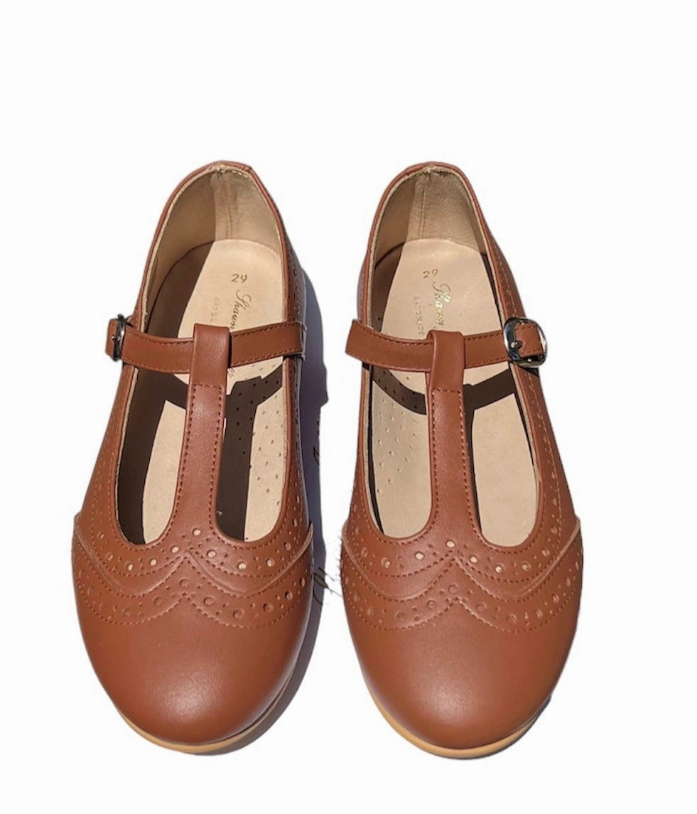 Shawn & Jeffery Wingtip Tan Roble T-Strap Leather Shoe